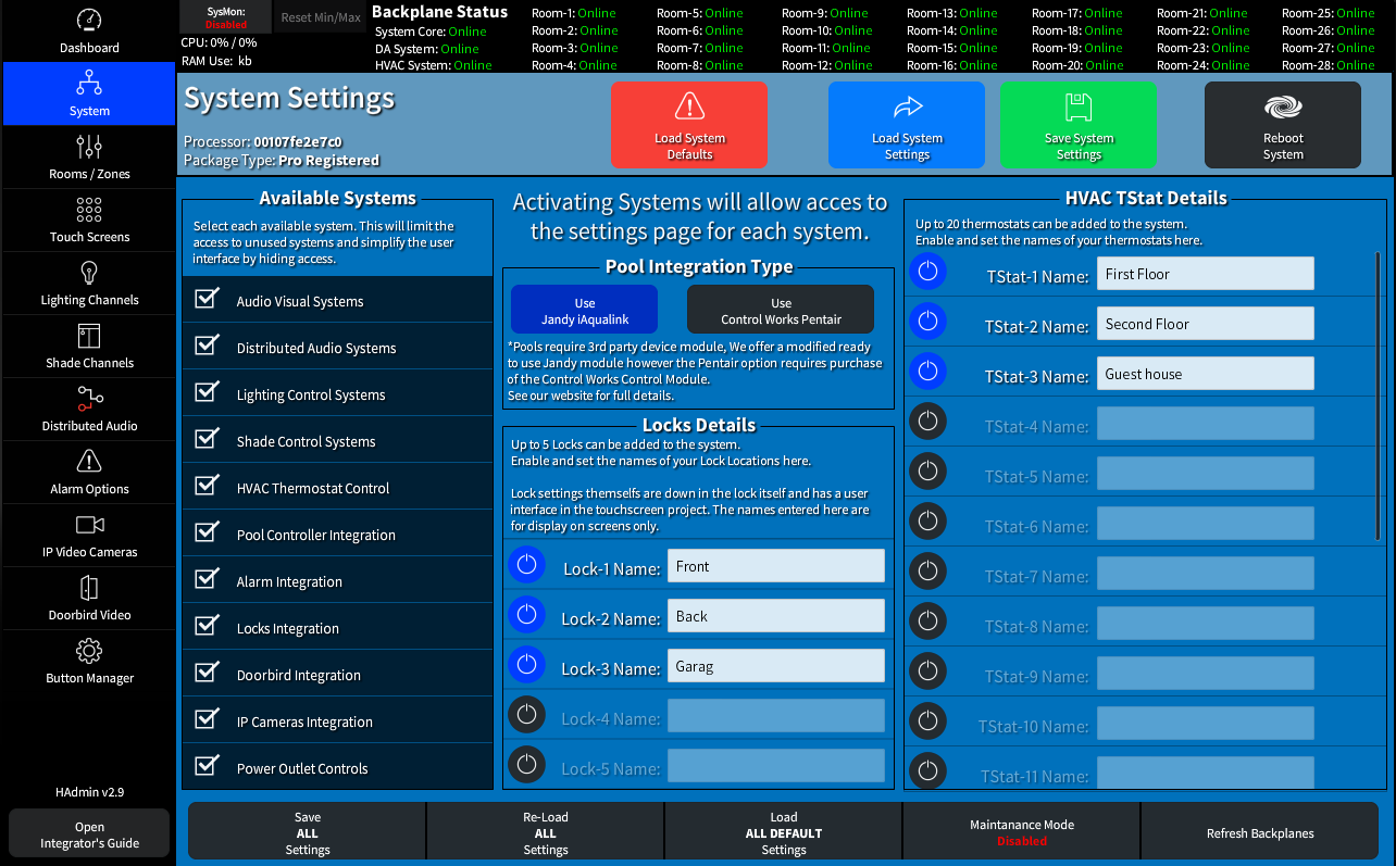 The HADA Admin System Settings Page